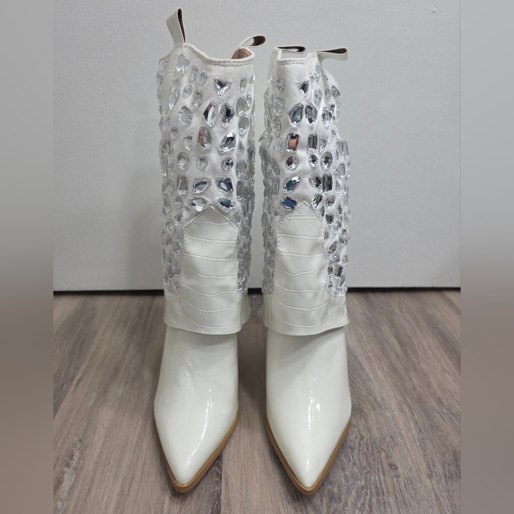 Lauren Lorraine Hana White Rhinestone Stiletto Cowboy Boot Size 8 - New In Box - Picture 2 of 12